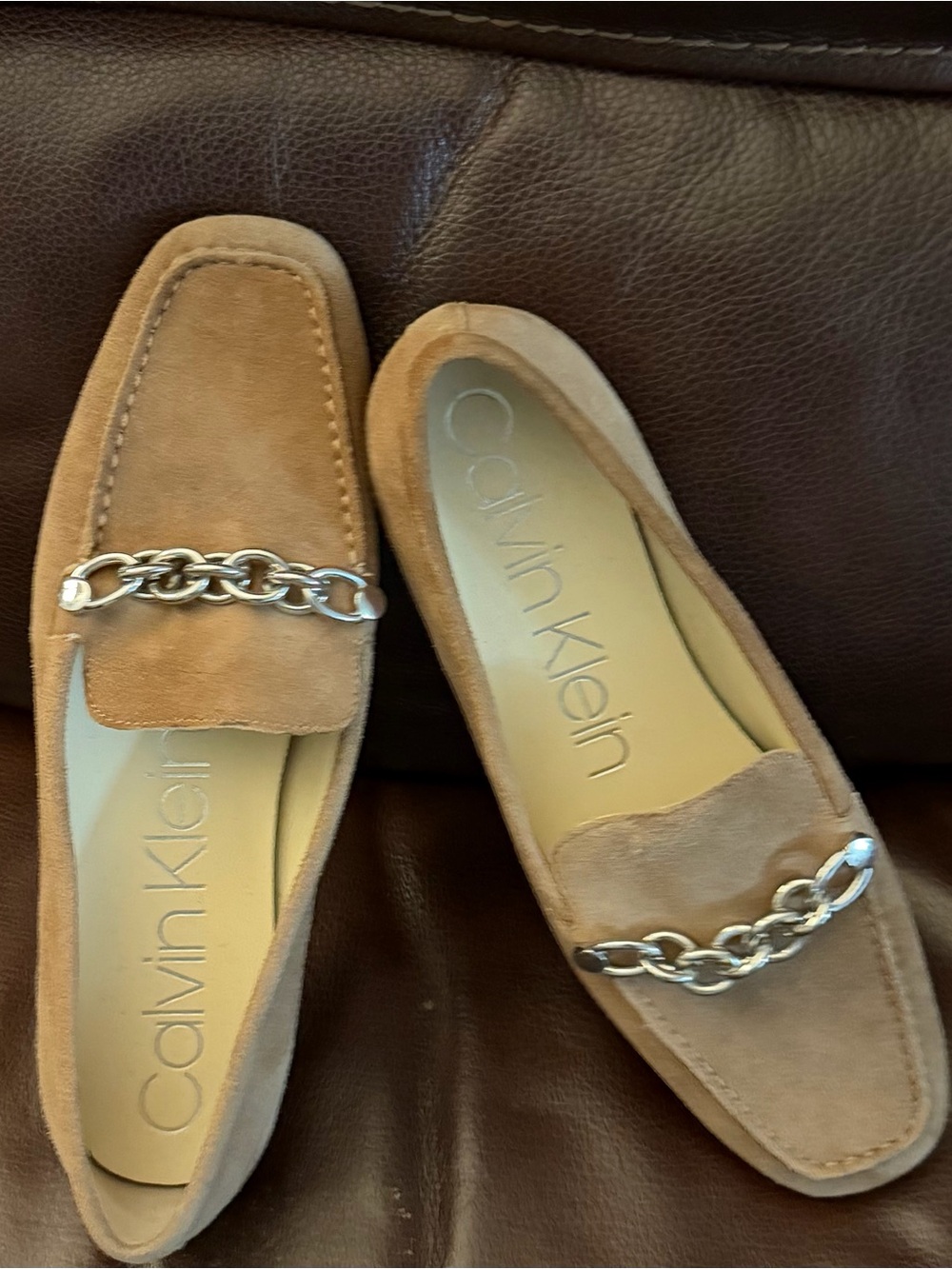 Calvin Klein Tan Suede Chain-Trim Loafers